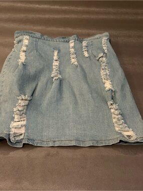 Distressed Light Blue Denim Mini Skirt. Size L